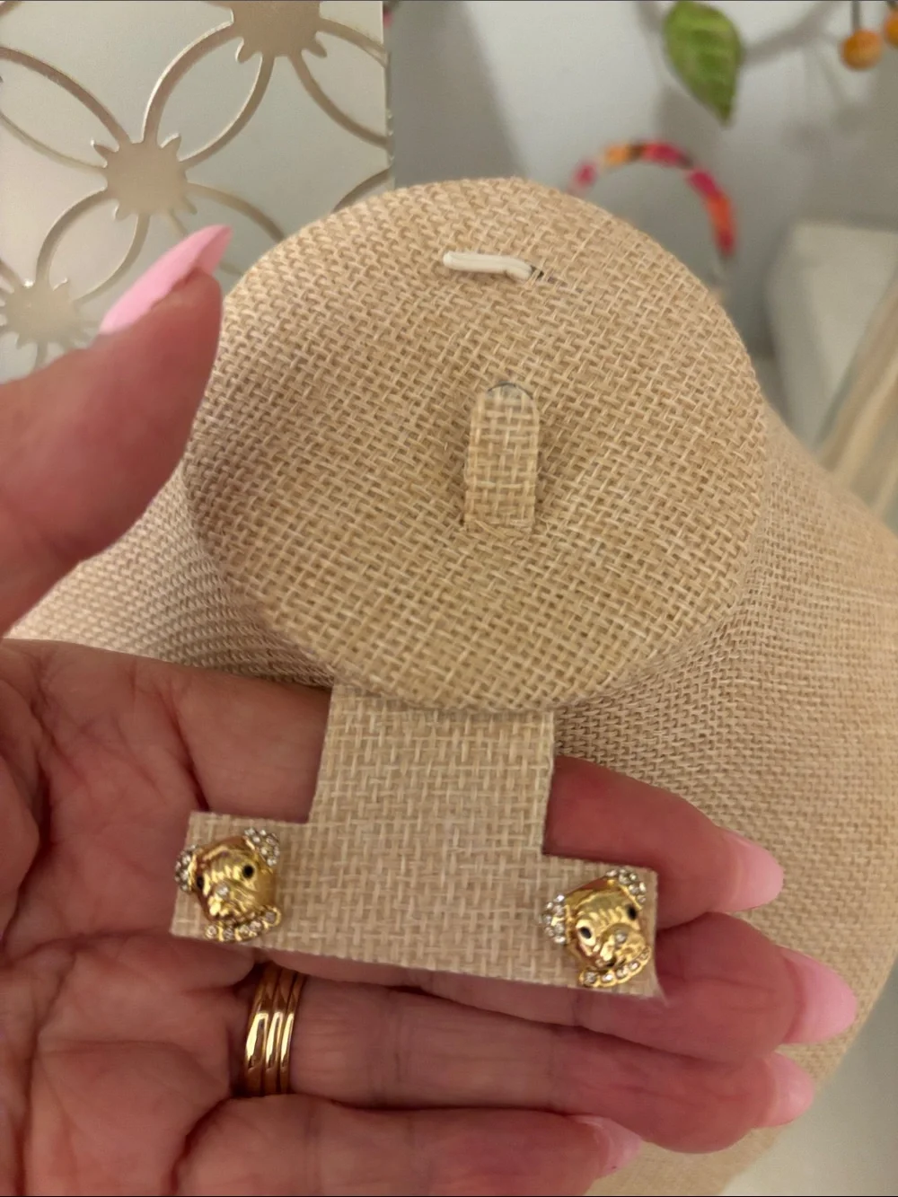 kate spade gold-tone dog/puppy stud earrings with clear crystals
